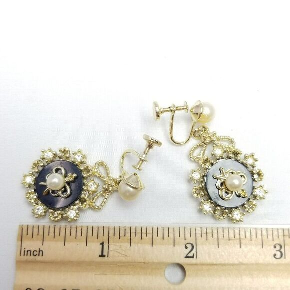 Vintage Black and Gold Tone Faux Pearl Dangle Clip On Earrings, Screw Backs - Picture 6 of 8